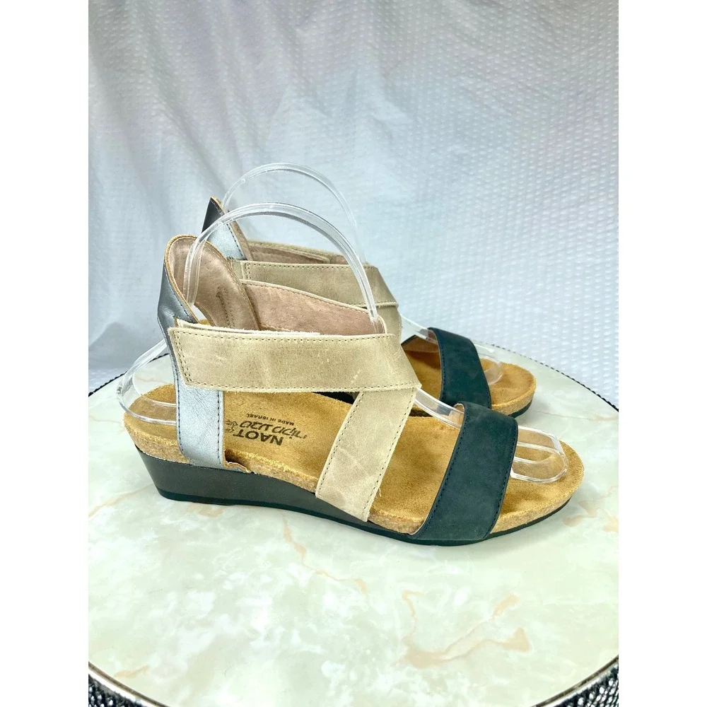 Naot Vixen Leather Crisscross Wedge Sandals Womens 6.5 Oily Coal Beige Comfort